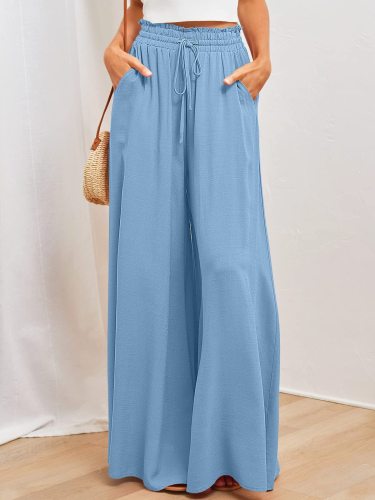 Women's Wide Leg Palazzo Pants, Flowy Ruffle Solid Pants, Women's Clothing