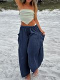Womens Cropped Trousers Elastic Waist Wide Leg Casual Pants with Pockets