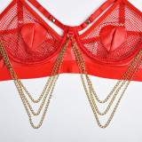 Women Metal Chain Willow Staring Grid Heart Print Pu Leather Sexy Underwear Two-piece Set