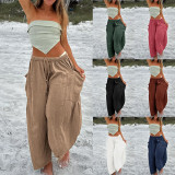Womens Cropped Trousers Elastic Waist Wide Leg Casual Pants with Pockets