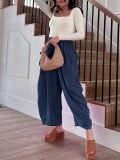 Womens Cropped Trousers Elastic Waist Wide Leg Casual Pants with Pockets
