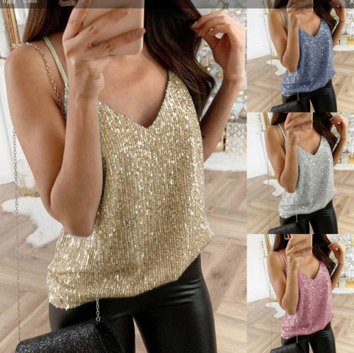 Womens Plus Size Womens Glitter Strappy Hot Stamping Tank Tops Ladies Sexy Cami Vest Clubwear