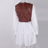 Stand Collar Zipper Long Sleeves Mini Dress Casual Autumn Winter Fashion Pocket Pu Leather Dress