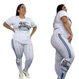 Summer Fashion Plus Size Short Sleeve Printed Trousers Woment Set