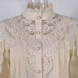 Lace Hollow-out Blouse with Lotus Leaf Edge and Half High Collar