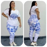 Summer Fashion Plus Size Short Sleeve Printed Trousers Woment Set