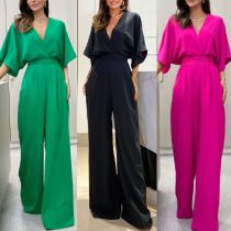 V-neck Batwing Sleeve Short-sleeved Backless Tied Straight Pants Jumpsuit V-neck Batwing Sleeve Short-sleeved Backless Tied Straight Pants Jumpsuit