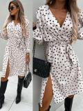 Women's Polka Dot Printed Long Sleeve Split Tie-Waist Maxi Dress