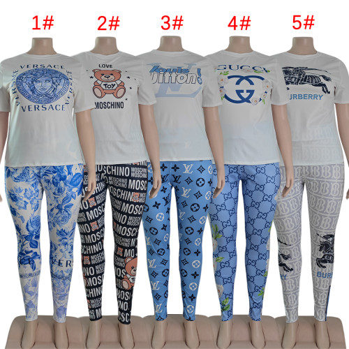 Summer Fashion Plus Size Short Sleeve Printed Trousers Woment Set