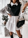 Stand Collar Zipper Long Sleeves Mini Dress Casual Autumn Winter Fashion Pocket Pu Leather Dress