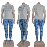 Summer Fashion Plus Size Short Sleeve Printed Trousers Woment Set