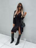 Women's Polka Dot Printed Long Sleeve Split Tie-Waist Maxi Dress