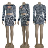 Trendy Long Sleeve Off Shoulder Printed Bodycon Skirt Set