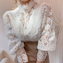Lace Hollow-out Blouse with Lotus Leaf Edge and Half High Collar