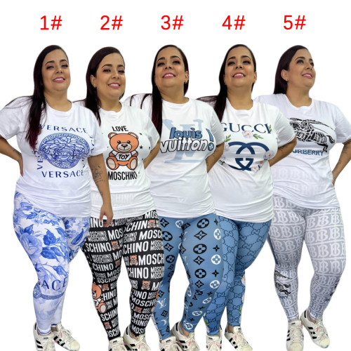 Summer Fashion Plus Size Short Sleeve Printed Trousers Woment Set