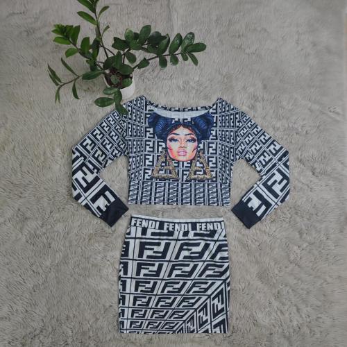 Trendy Long Sleeve Off Shoulder Printed Bodycon Skirt Set