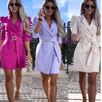Double-Breasted Suit Jacket with Belted Wrap Dress and Waistband