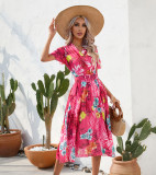 Summer Blossom Print Crinkle Short Sleeve Dress