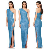 One-Shoulder Glitter Thigh-High Slil Maxi Dress