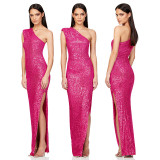 One-Shoulder Glitter Thigh-High Slil Maxi Dress