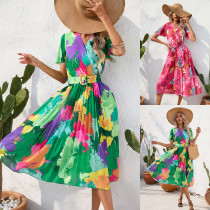 Summer Blossom Print Crinkle Short Sleeve Dress