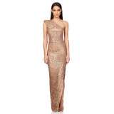 One-Shoulder Glitter Thigh-High Slil Maxi Dress