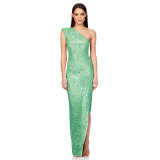 One-Shoulder Glitter Thigh-High Slil Maxi Dress