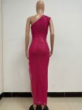 One-Shoulder Glitter Thigh-High Slil Maxi Dress