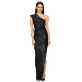 One-Shoulder Glitter Thigh-High Slil Maxi Dress