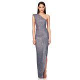 One-Shoulder Glitter Thigh-High Slil Maxi Dress