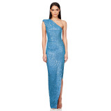 One-Shoulder Glitter Thigh-High Slil Maxi Dress