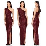 One-Shoulder Glitter Thigh-High Slil Maxi Dress