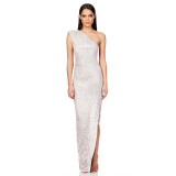 One-Shoulder Glitter Thigh-High Slil Maxi Dress