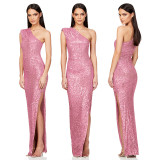 One-Shoulder Glitter Thigh-High Slil Maxi Dress