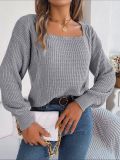 Casual Solid Color Square Neck Twist Lantern Sleeve Knitted Pullover Sweater