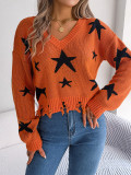 Women Casual V-Neck Star Long Sleeve Knitting Sweater