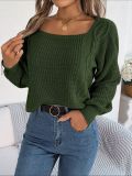 Casual Solid Color Square Neck Twist Lantern Sleeve Knitted Pullover Sweater
