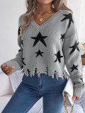 Women Casual V-Neck Star Long Sleeve Knitting Sweater