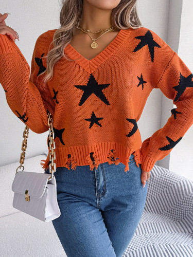 Women Casual V-Neck Star Long Sleeve Knitting Sweater