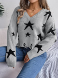 Women Casual V-Neck Star Long Sleeve Knitting Sweater