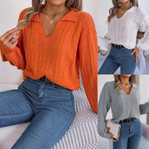 Casual Solid Color Lapel Plaid Knitted Pullover Women's Sweaters 2023