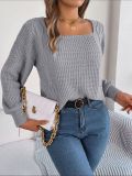 Casual Solid Color Square Neck Twist Lantern Sleeve Knitted Pullover Sweater