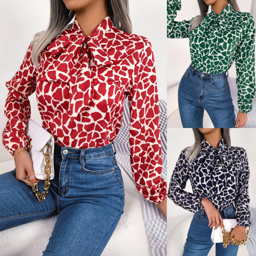 Autumn/winter Contrast Color Lace Lantern Sleeve Chiffon Shirt Tops
