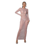 Solid Color Round Neck Long Sleeve Hotfix Rhinestone Split Maxi Dress