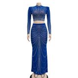 Women's Fashion Mesh Beaded See Through Long Seeve Two Piece Long Skirt Set