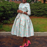 Modest African Dresses Round Neck Jacquard Swing Dress