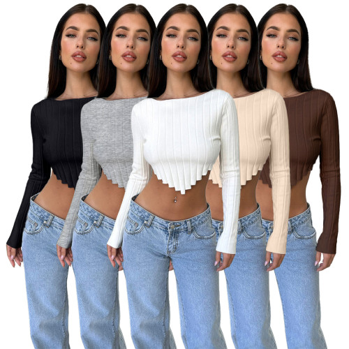 Solid Color Pit Long Sleeve Knitted Crop Tops