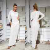 Solid Color Round Neck Long Sleeve Hotfix Rhinestone Split Maxi Dress