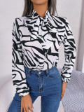 Casual Contrast Stripe Tie Balloon Sleeve Chiffon Top