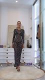 Solid Color Round Neck Long Sleeve Hotfix Rhinestone Split Maxi Dress